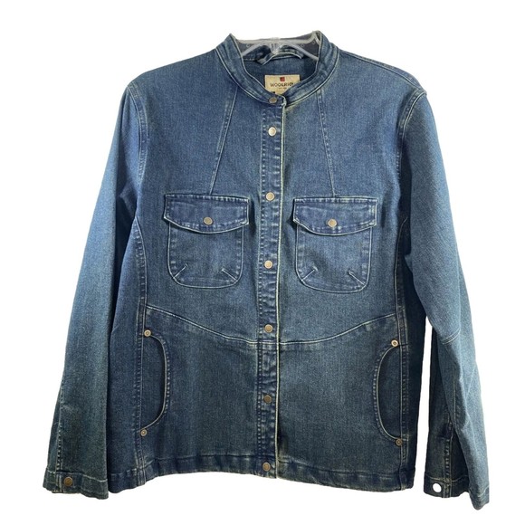 Woolrich Women’s Denim Jacket Stretch Long Sleeve Pockets Snap Up Dark Blue Sz M - Picture 1 of 11